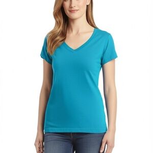 Oscar de la Renta Women’s V-Neck Short Sleeve 100% Cotton Teal Tee Size Small